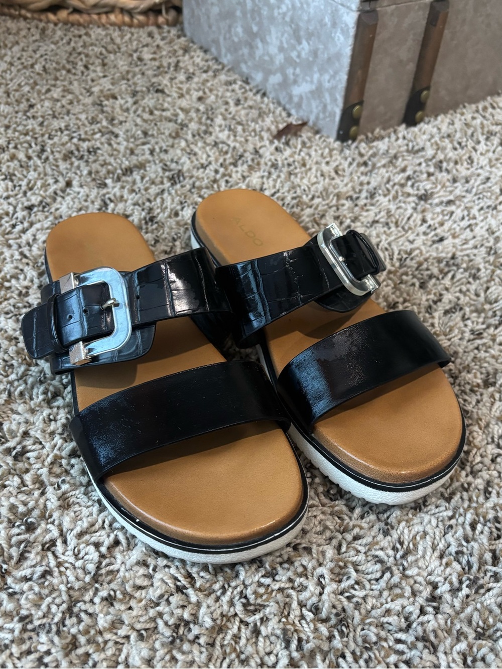ALDO Black Patent Double Strap Slide Sandals with clear Buckles